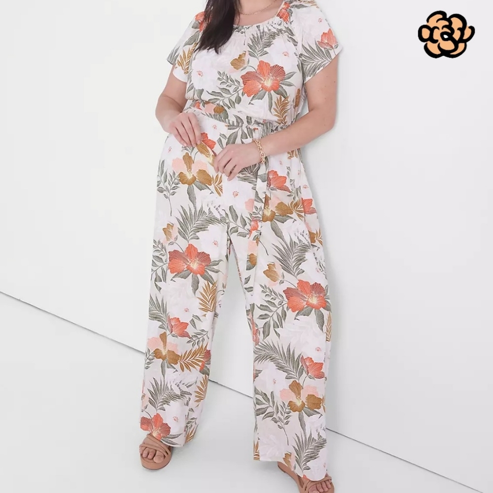 NWT Lane Bryant Floral Tropical Smocked Neck Wide Leg Jumpsuit Size 24